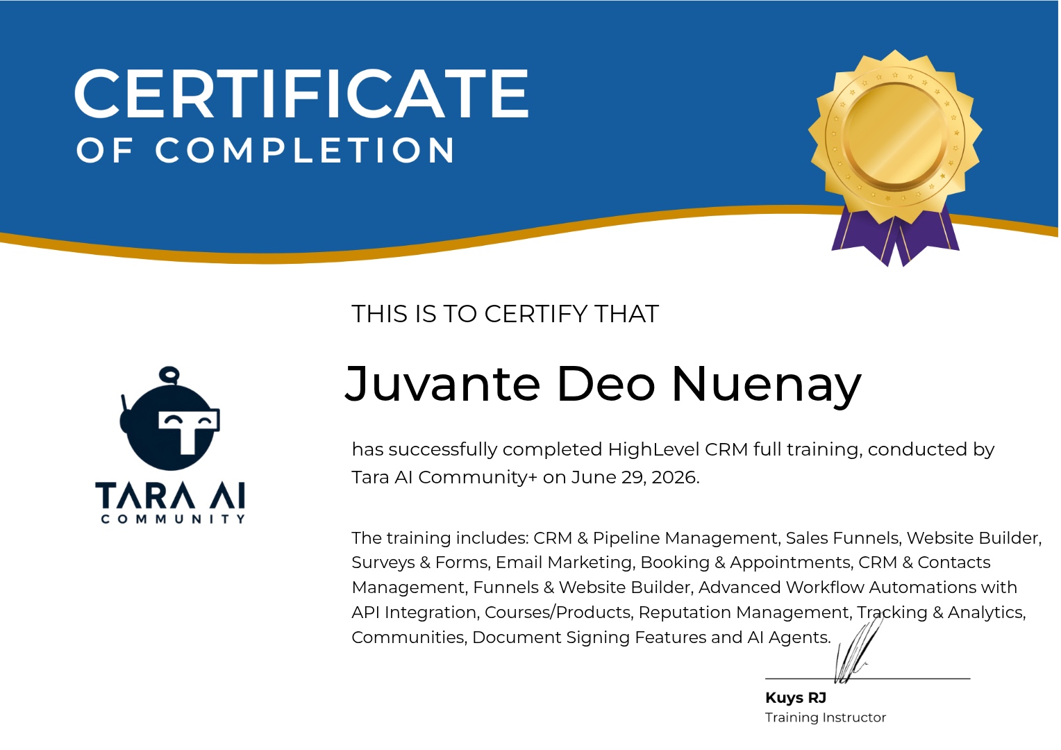 Certificate of completion: HighLevel CRM Full Training