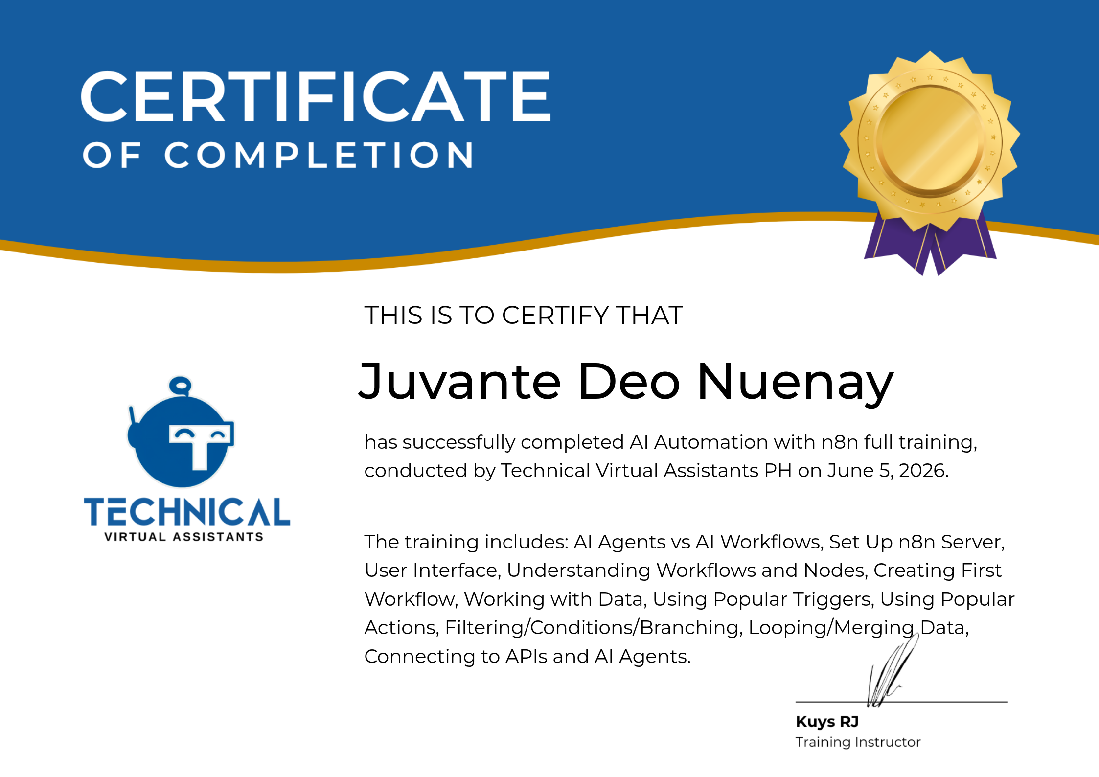 Certificate of completion: AI Automation with n8n