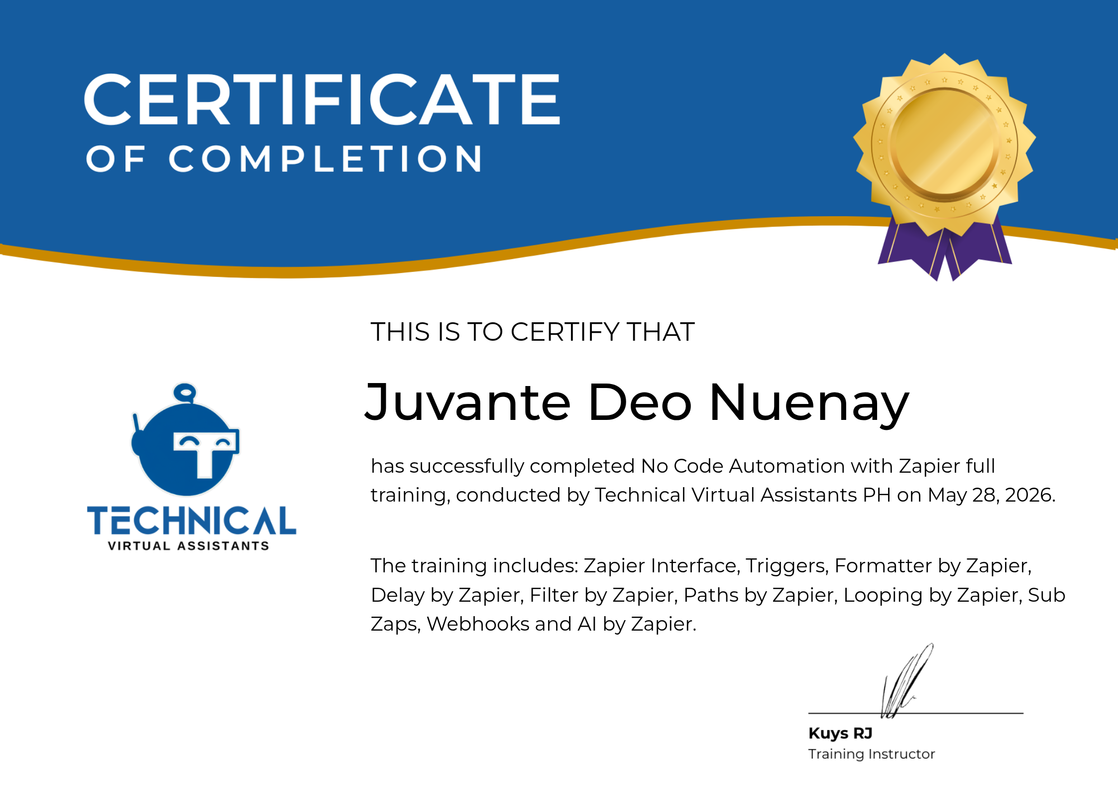 Certificate of completion: No-Code Automation with Zapier